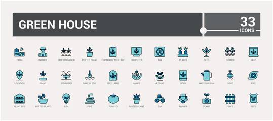 Green House colorful icons in linear style. Related to ecology, earth, green, environmental, green house, pollution and more. Outline symbol collection. Icon names are written in English.