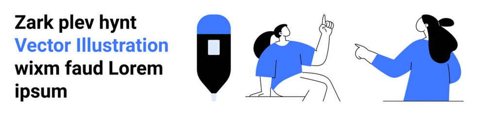 Minimalistic design shows a person pointing and another sitting with finger raised. Ideal for tech communication teamwork digital media and online collaboration. Banner for landing page