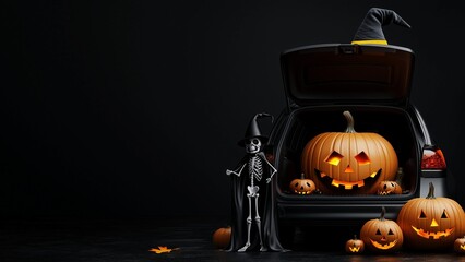 A skeleton and a black robe stood next to a car with Halloween pumpkins filled the back of the sedan. Have a Happy Halloween October traditional holiday idea Three-dimensional illustration