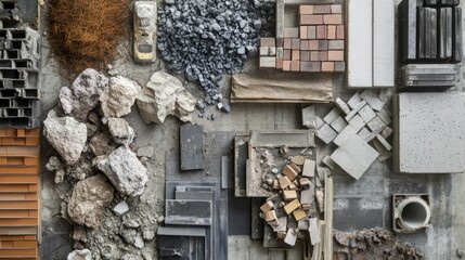 Recycling construction materials, with bricks, concrete, and metal being reused in new building projects.