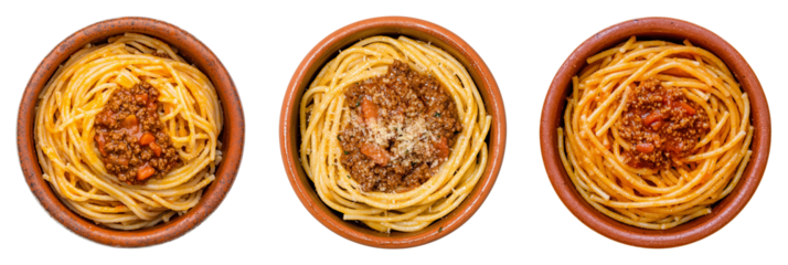 Bowls of Spaghetti Pasta with Bolognese Sauce, Isolated on Transparent Background, Suitable for Italian Restaurant Menus, Food Magazines, or Cooking Classes