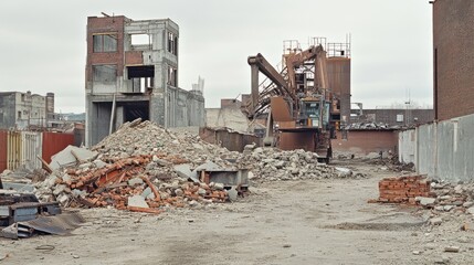 Fototapeta premium Recycling construction materials, with bricks, concrete, and metal being reused in new building projects.