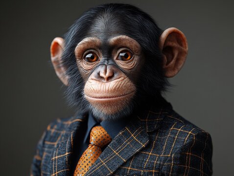 Close-up of an anthropomorphic monkey in a classic suit, showcasing creativity and approachability for creative industries and advertising. Detailed view of suit and monkey.