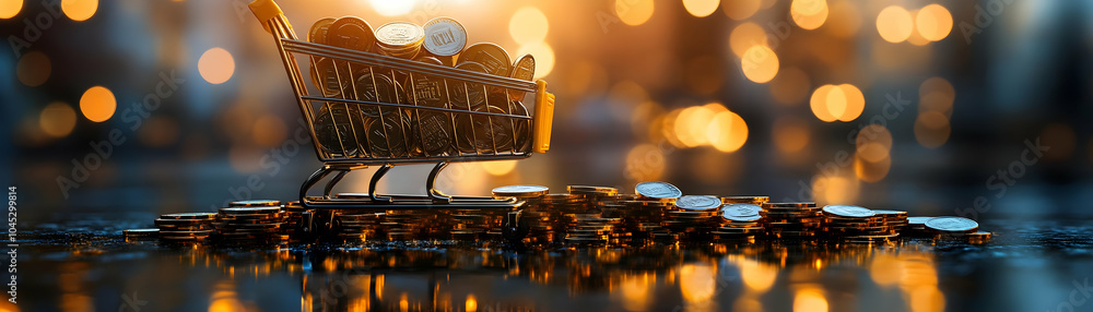 Poster abstract coins shopping cart bokeh image - digital artwork of coins forming shopping cart shape with