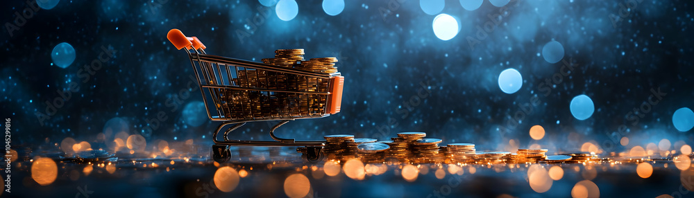 Poster abstract image coins shopping cart bokeh effect creative digital artwork coins assembling shopping c