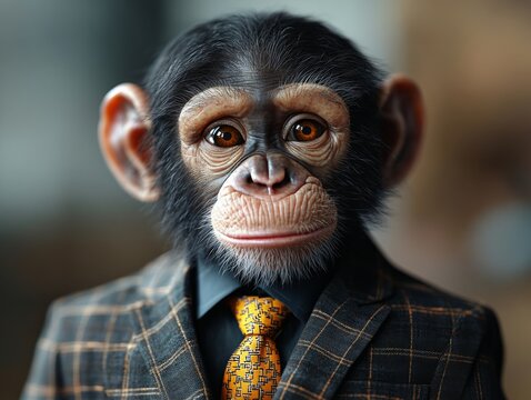 Close-up of an anthropomorphic monkey in a classic suit, showcasing creativity and approachability for creative industries and advertising. Detailed view of suit and monkey.