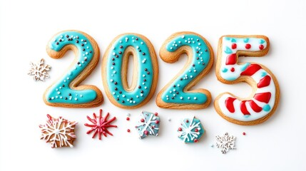 New Year party cookies with "2025" and festive decorations, isolated on white background