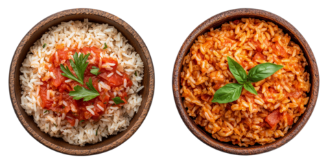 Collection of Bowls with Rice and Tomato Sauce, Isolated on Transparent Background, Perfect for Kitchen Posters, Cookbook Covers, and Recipe Collections