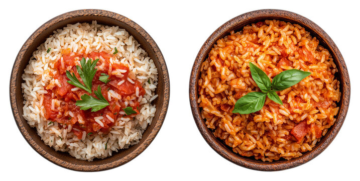 Collection of Bowls with Rice and Tomato Sauce, Isolated on Transparent Background, Perfect for Kitchen Posters, Cookbook Covers, and Recipe Collections