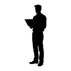 A handsome man standing with laptop vector silhouette
