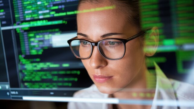 A woman wearing glasses is looking at a computer screen with a lot of green