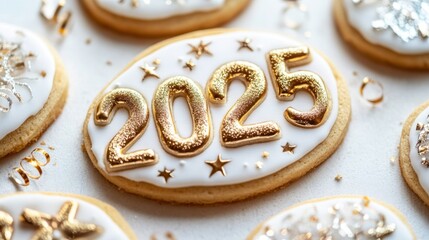 New Year Eve sugar cookies with "2025" written in gold and silver icing, isolated on white background