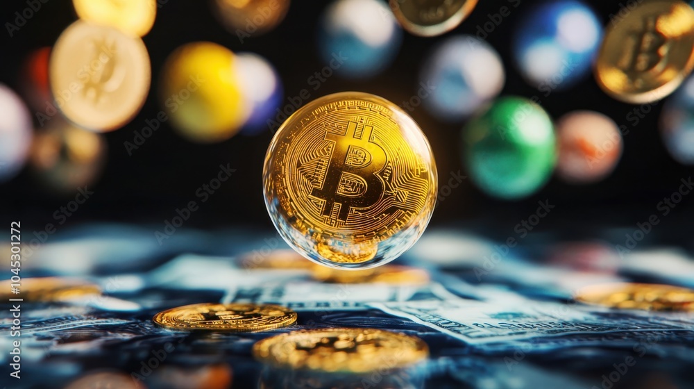 Poster golden bitcoin floating over currency background