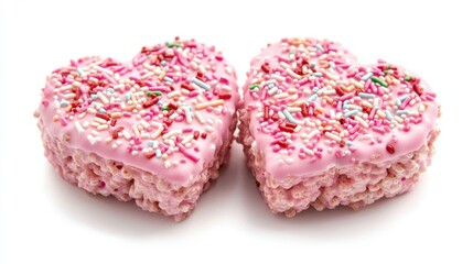Obraz premium Pink heart-shaped rice crispy treats decorated with festive sprinkles, isolated on white background