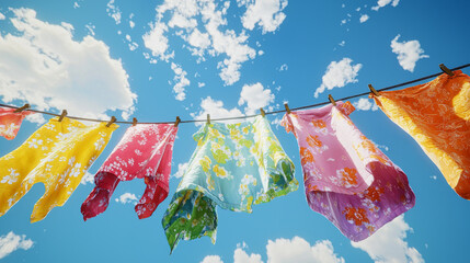 &ldquo;Windy Whimsy: Fluttering Fabrics Against Blue&rdquo;