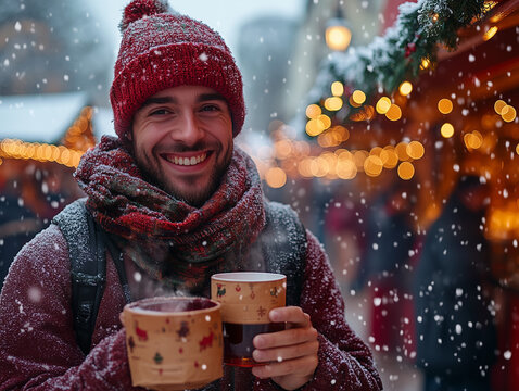 Portr&auml;t eines Mannes, der Gl&uuml;hwein auf dem Weihnachtsmarkt in M&uuml;nchen genie&szlig;t