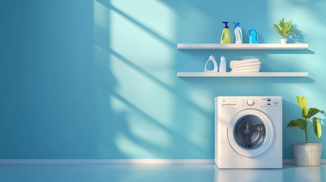 A bright laundry room with a washing machine set against a blue wall, shelves with cleaning supplies above, and an empty area on the bottom right for text or branding
