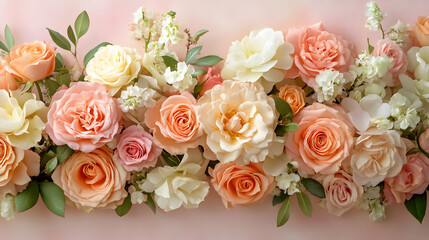 Obraz premium Romantic Pastel Floral Arrangement on Soft Pink Background with Delicate Blossoms and Greenery