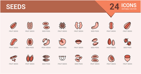 Nut And Seed colorful icon pack. Icons set with soybean, nuts, cocoa, coconut, coffee beans, nuts and seeds and more. Simple icon for mobile and web apps. Icon names are written in English.