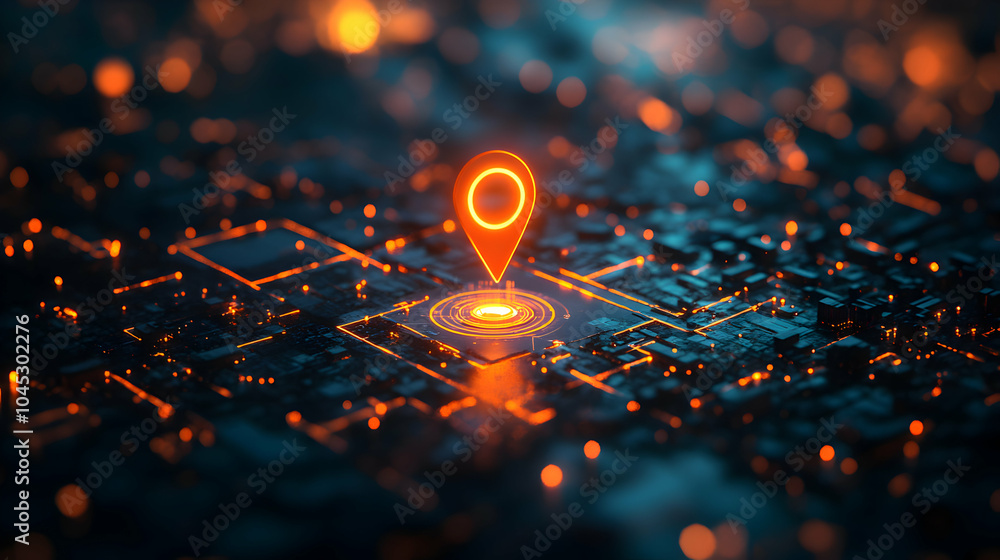 Poster sleek digital map interface featuring a single pinpoint on a 3d geographical background