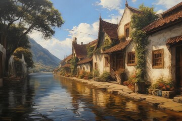 Fototapeta premium painting of a street with a river and houses on both sides