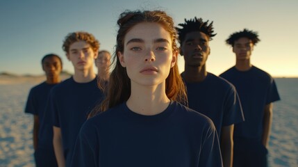 Models stand together on a sandy beach, dressed in navy blue shirts, against a vibrant sunset
