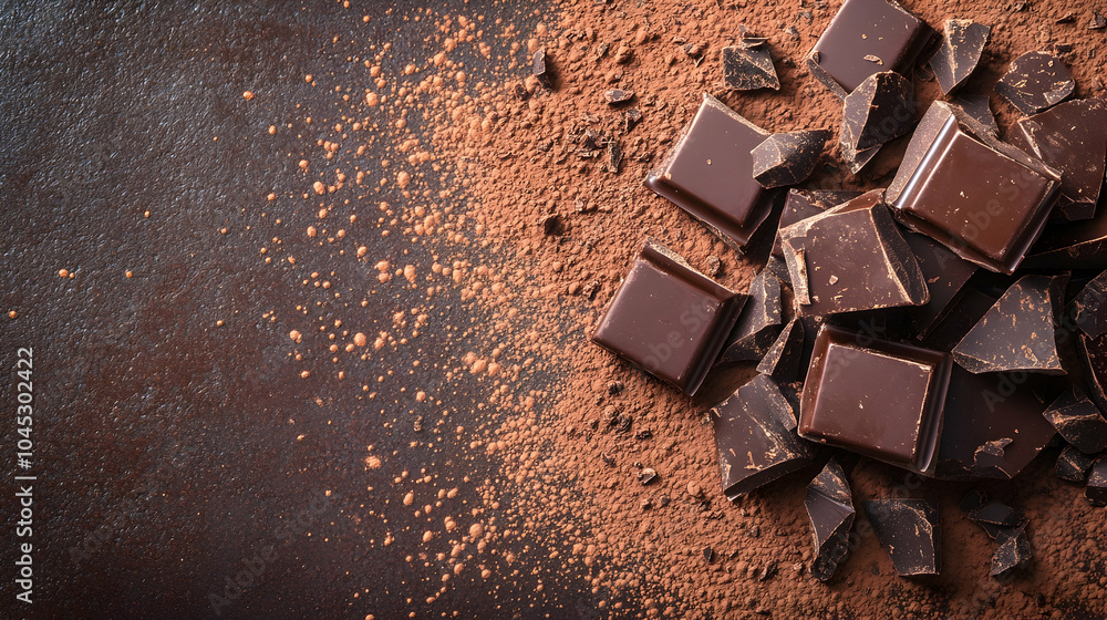Poster small shards of dark chocolate and cocoa powder resting on a surface with a rich brown background