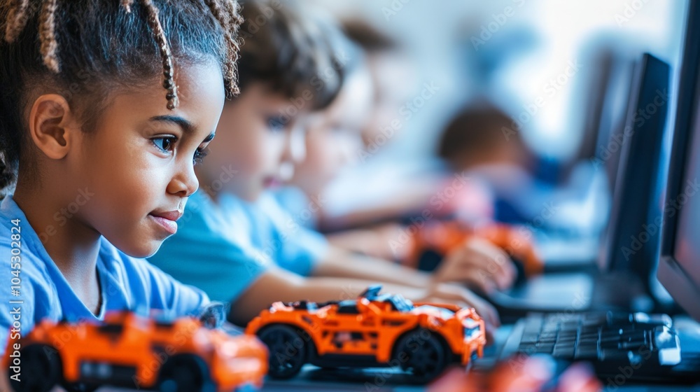 Poster a close-up of diverse children assembling robotic cars while typing code into computers, with focuse