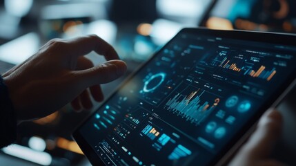 Obraz premium A close-up of hands from different team members collaborating on a tablet, with AI-generated data and charts appearing in real-time, showing the seamless integration of technology and teamwork