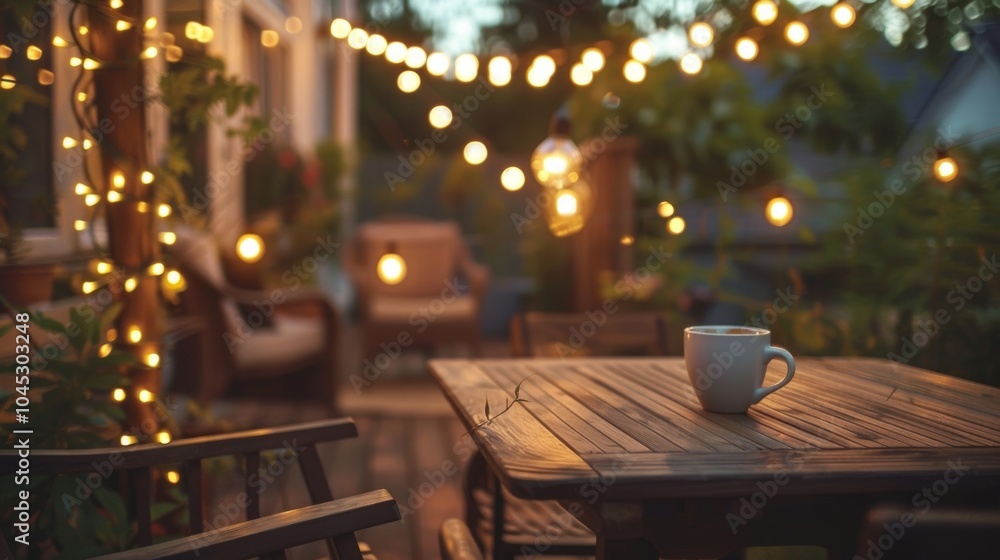 Poster cup of coffee sits on a wooden table on a patio illuminated by string lights, creating a cozy and in