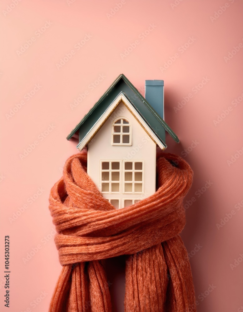 Wall mural house wrapped in scarf on a pastel background