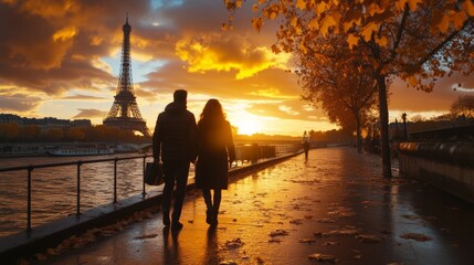 Couple Walking Along the Seine River at Sunset in Paris Near the Eiffel Tower