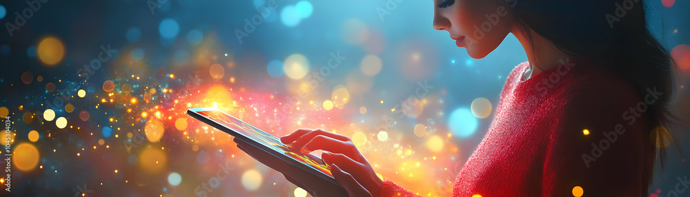 Poster businesswoman data analysis tablet abstract background bokeh lights digital artwork modern business 