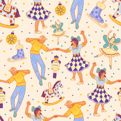 Dancing man and woman at a party illustration. Seamless pattern for Christmas, New Year for gift wrapping paper