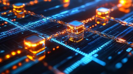 A close-up view of blockchain blocks interconnected by glowing chains, set against a dark background filled with binary code and data points, highlighting the transparency 