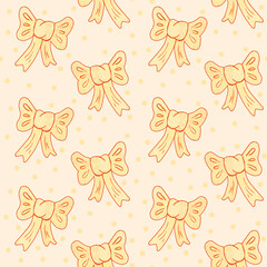 White bows. Christmas tree decorations, balls, bubbles. Seamless Christmas pattern for gift wrapping paper