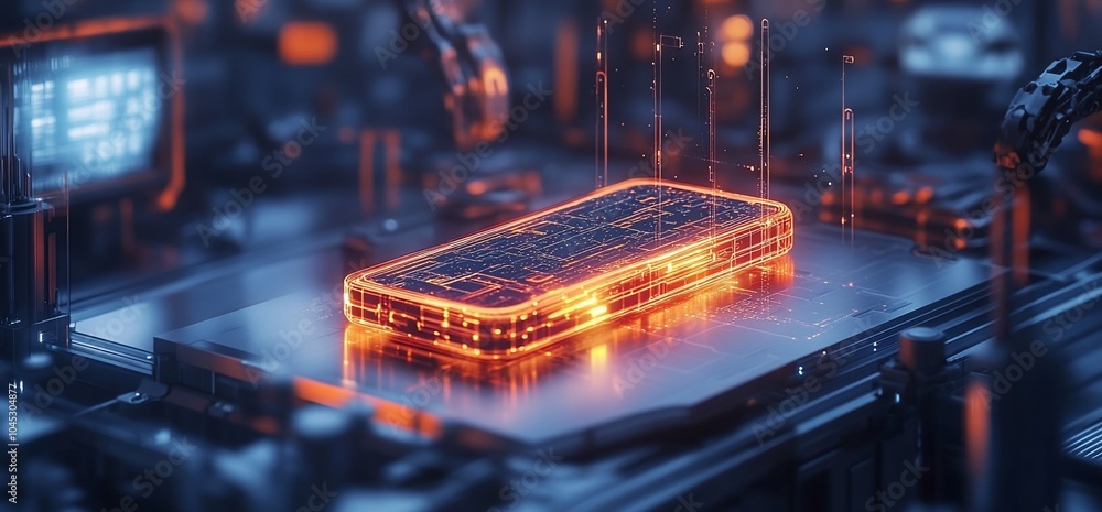 Poster a glowing smartphone sits on a futuristic metallic surface with intricate circuitry and lights surro
