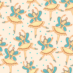 Ballerina doll dancer. Christmas New Year seamless pattern illustration with Christmas tree decorations for seasonal gift wrapping paper.