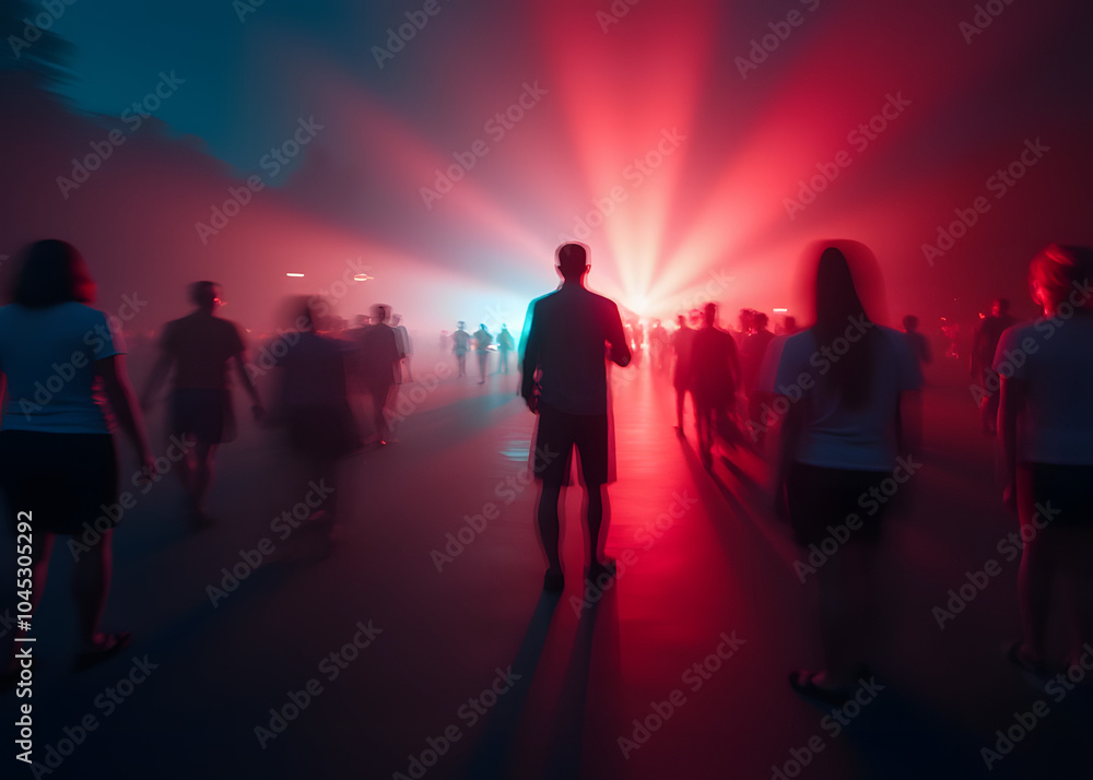 Poster Vibrant light blurs in darkness creating a colorful visual effect behind.