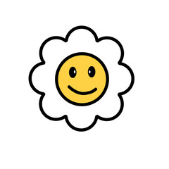 White smiling daisy chamomile flower. Groovy retro icon set. 60s, 70s hippie psychedelic style. Trendy graphic print. Sunny template. Flat design. Isolated. Vector illustration