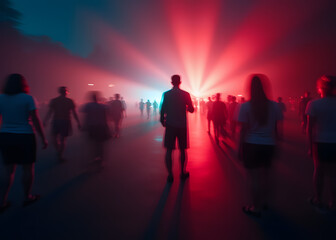 Vibrant light blurs in darkness creating a colorful visual effect behind.