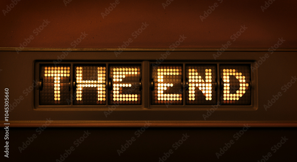 Poster marquee sign displaying the end in bright lights for closure message entertainment or project sign
