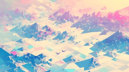Fototapeta premium A mosaic of triangles in soft, pastel hues, arranged to form an abstract landscape of hills and valleys.