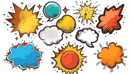 A collection of comic speech bubbles and dialogue balloons on transparent backgrounds, offering creative design elements for communication, conversation, and visual storytelling in graphic design.