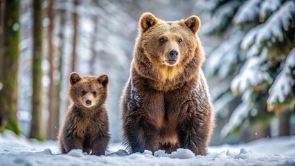 Obraz premium Snowy forest scene with mother bear and cub