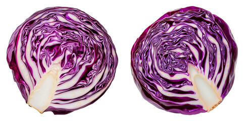 Fototapeta premium Halved Red Cabbages Displaying Vibrant Colors and Crisp Texture, Isolated on Transparent Background, Suitable for Vegetarian Dishes, Organic Food Packaging, or Grocery Illustrations