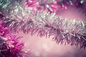 Christmas background with silver tinsel and pink-toned leading lines texture