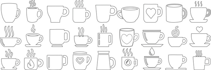 Coffee cup vector icon set, mugs, steaming beverages, hearts, and coffee pots. coffee pot silhouette for cafes, baristas, restaurant designs illustration, and coffee related projects