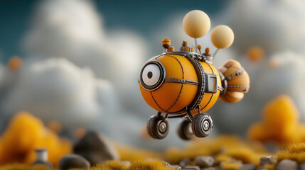 whimsical yellow submarine with balloons floats through dreamy landscape filled with fluffy clouds and vibrant colors, evoking sense of adventure and imagination