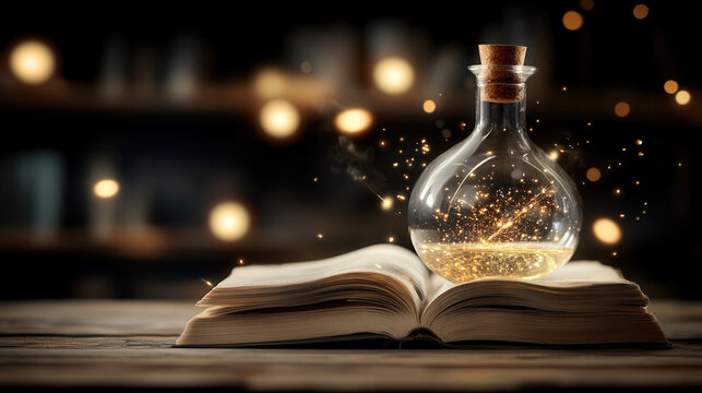 magical potion in glass flask sits atop open book, surrounded by sparkling light. This enchanting scene evokes sense of wonder and curiosity, perfect for storytelling